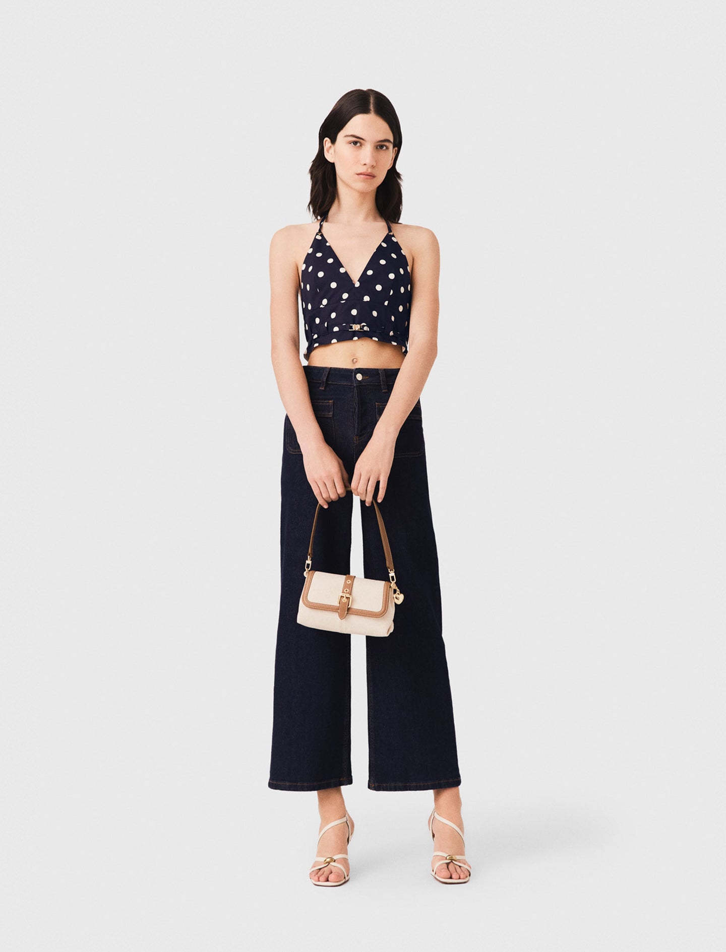 Backless linen blend top Navy Dots Print