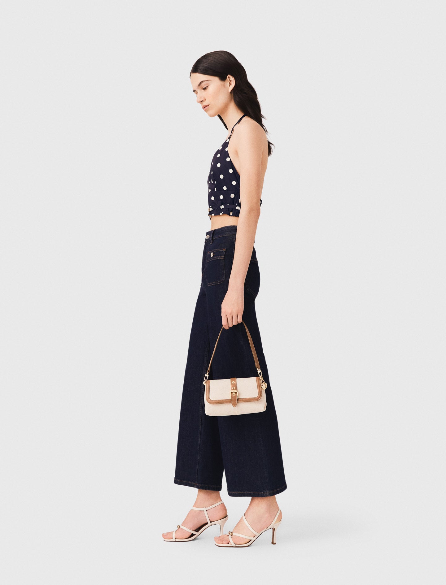 Backless linen blend top Navy Dots Print