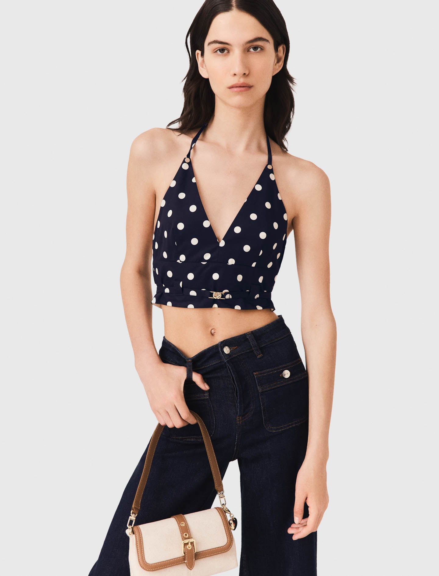 Backless linen blend top Navy Dots Print