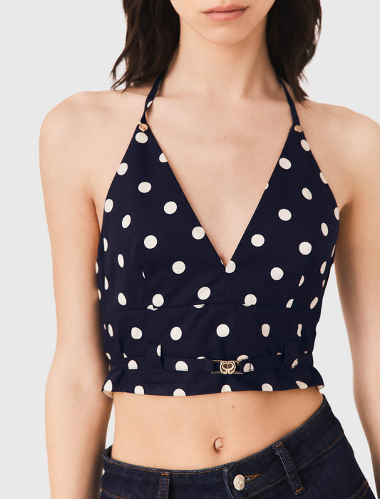 Backless linen blend top Navy Dots Print