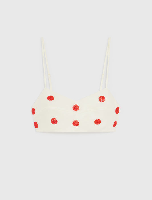 Embroidered linen and silk crop top White