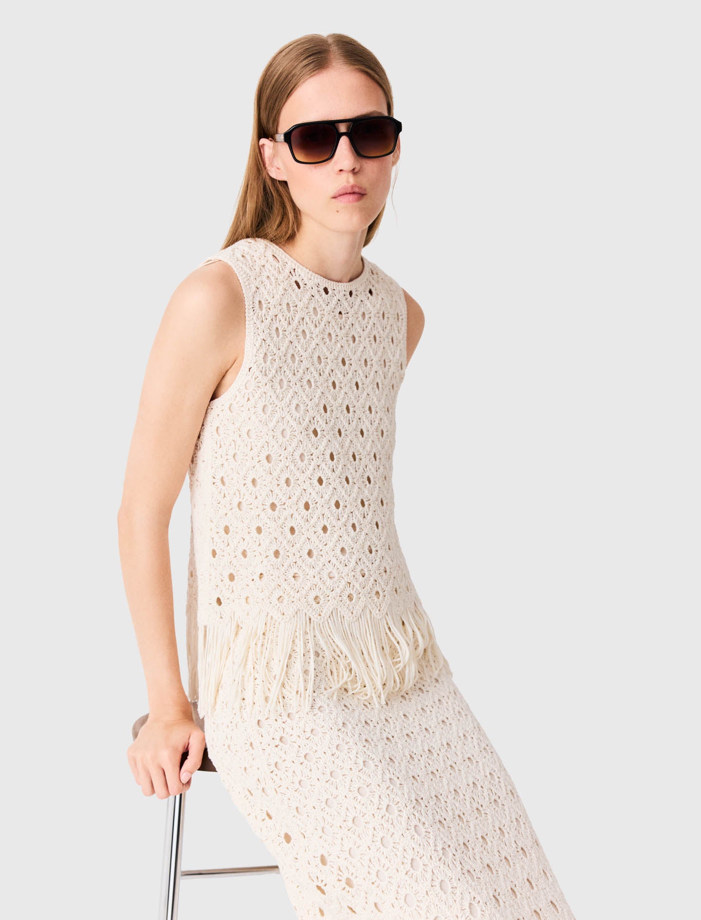 Fringed crochet top Ecru