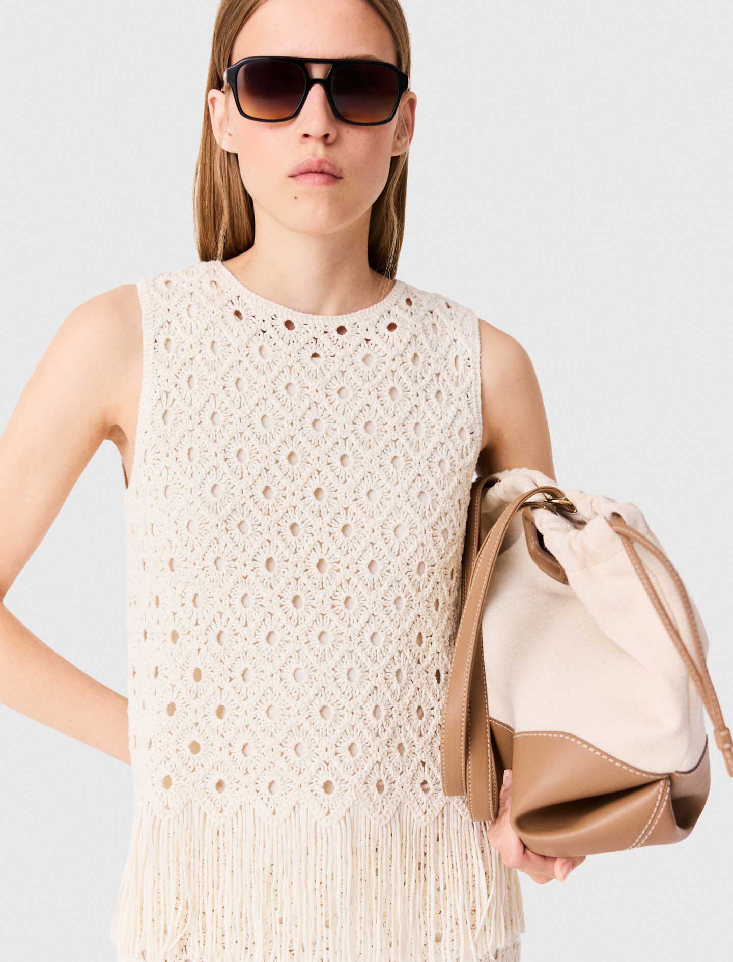 Fringed crochet top Ecru