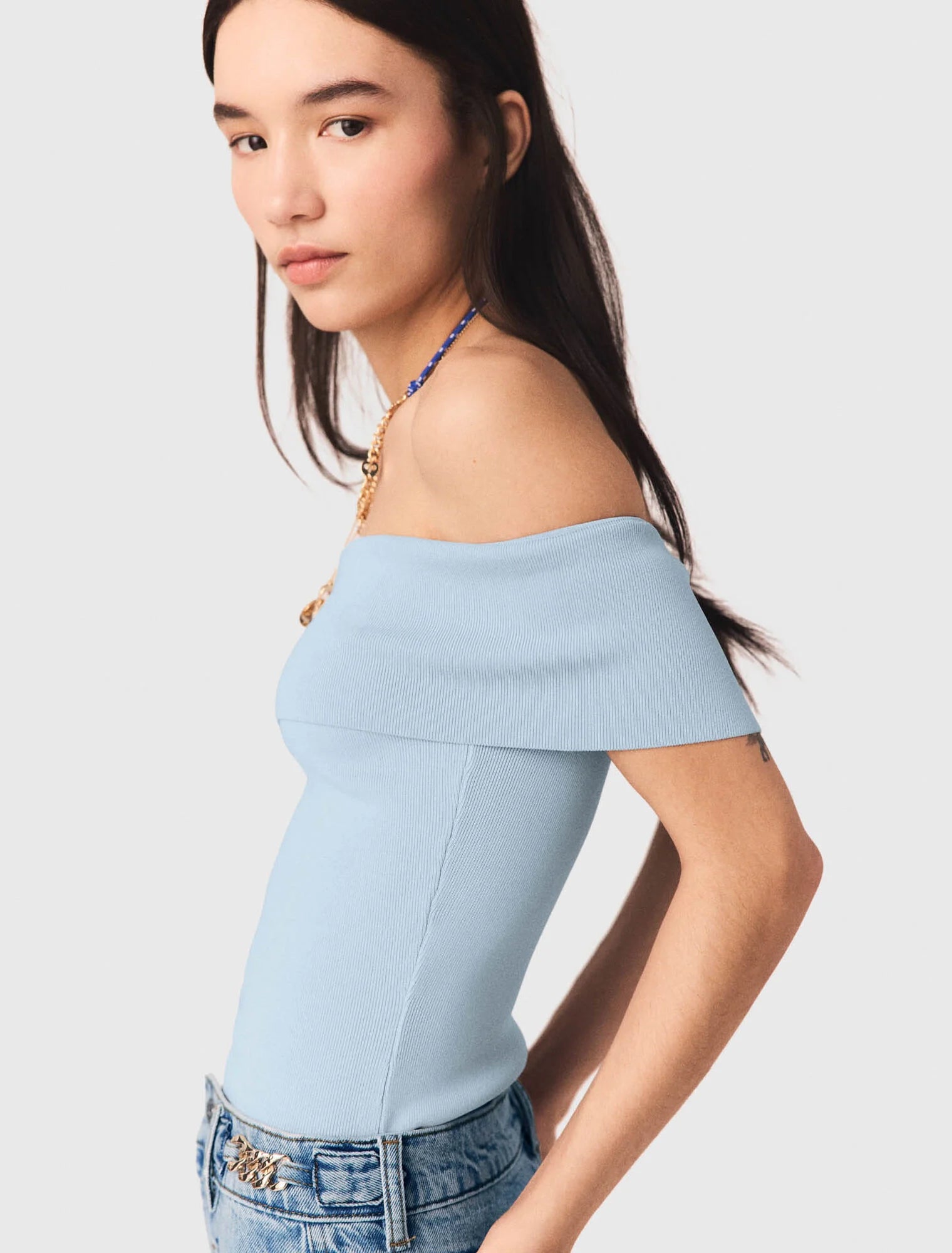 Bardot Rib Knit Top Blue Sky