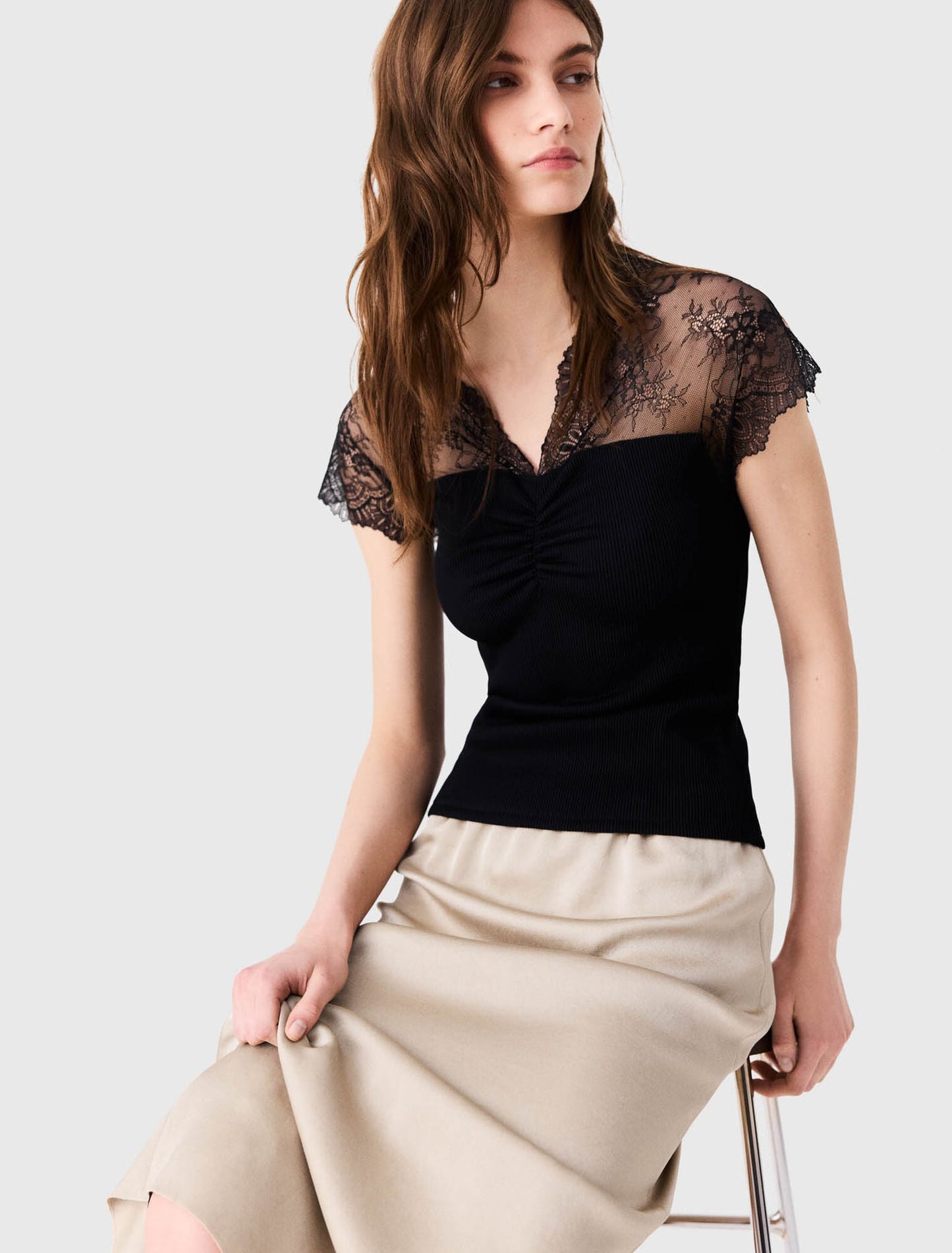 Jersey top with lace trim Black