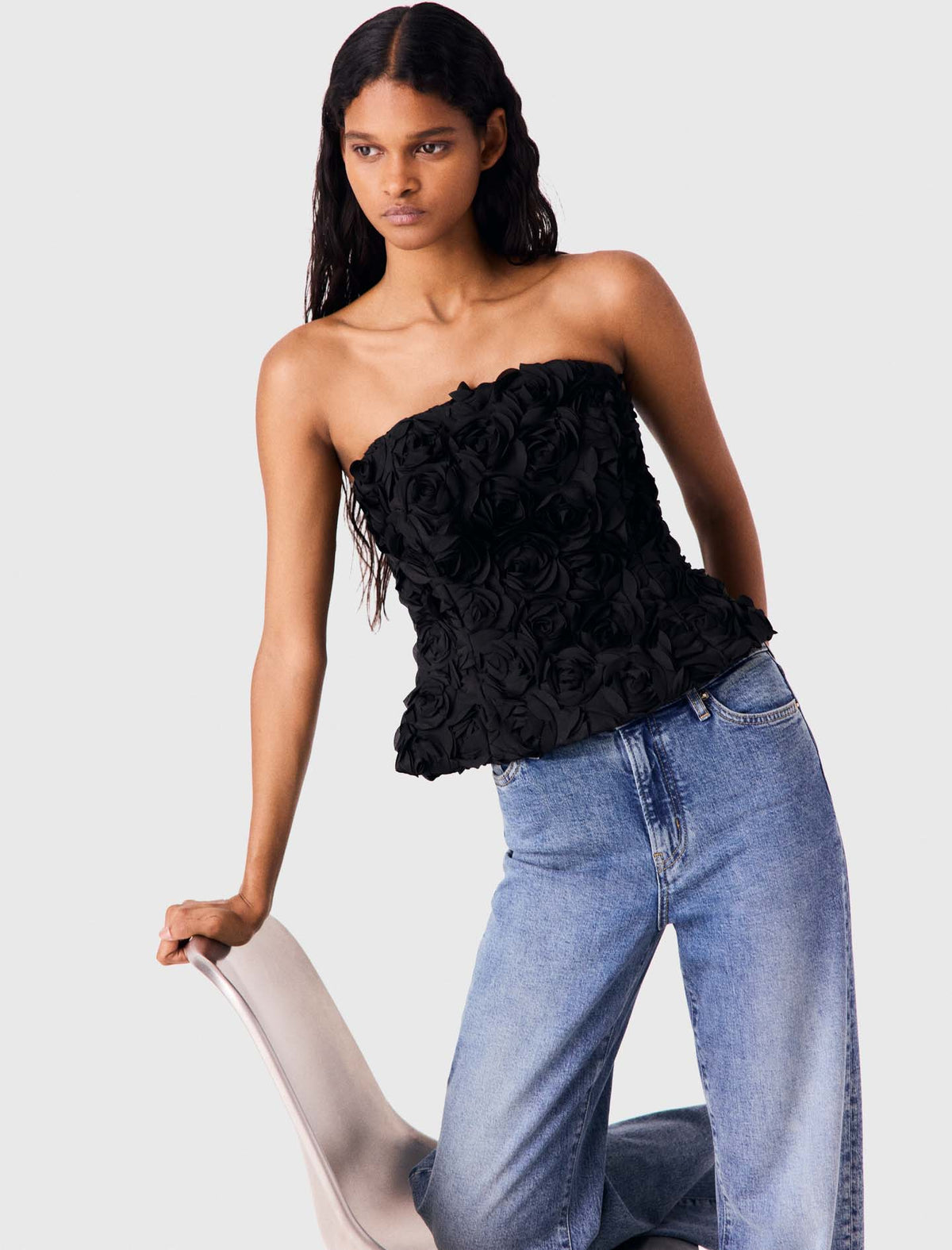 Flower-Embellished Top Black