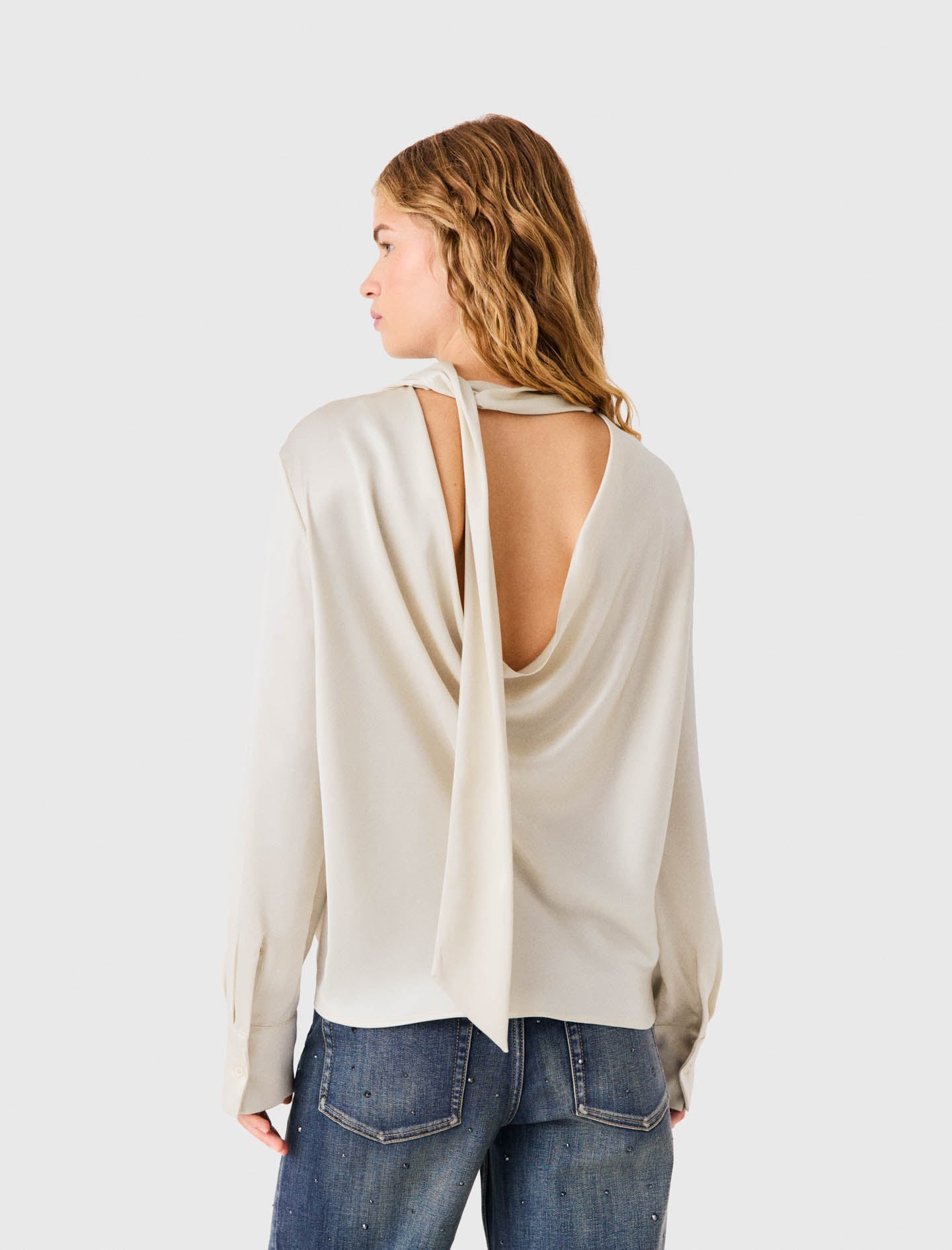 Satin Blouse With Draped Back Ecru