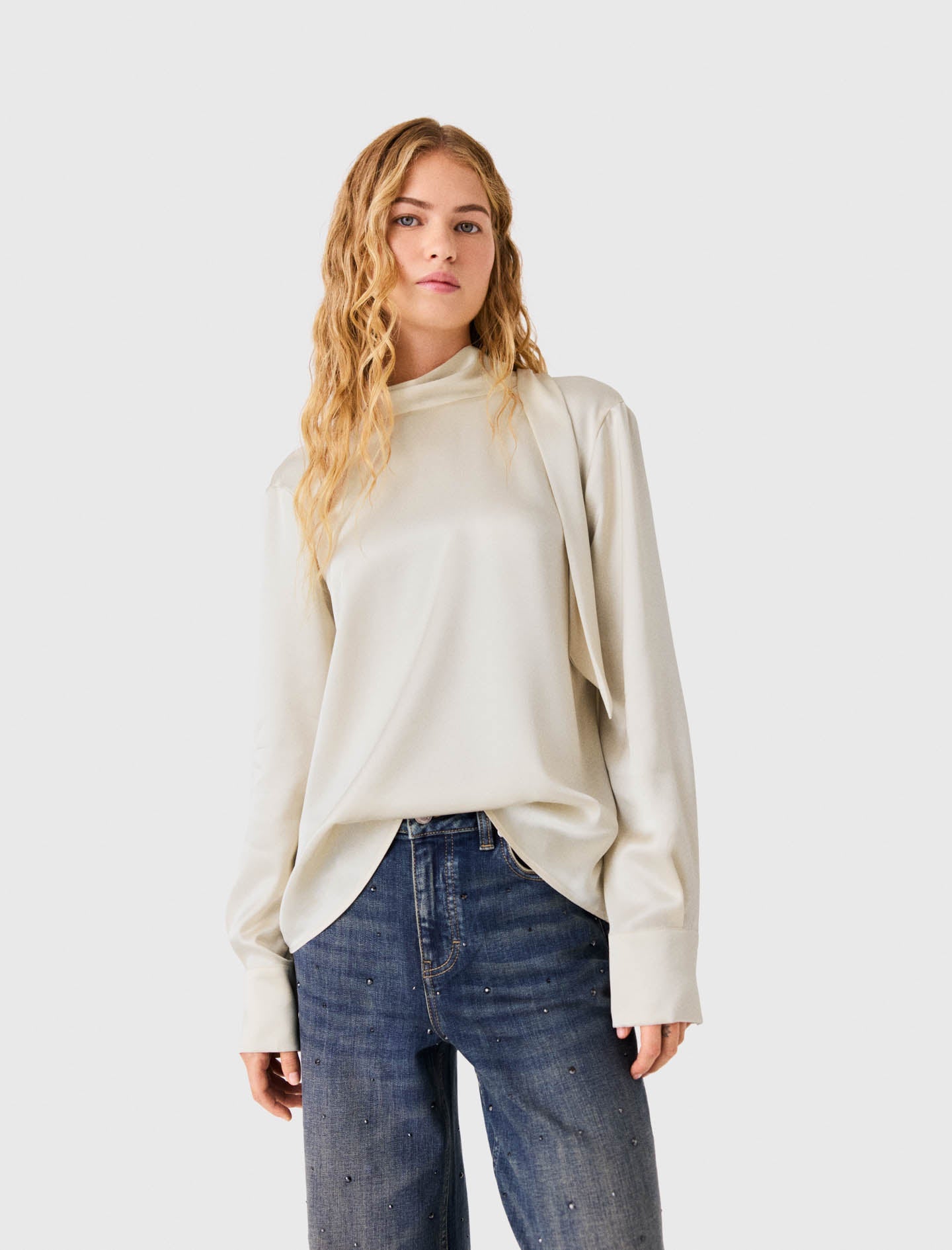 Satin Blouse With Draped Back Ecru