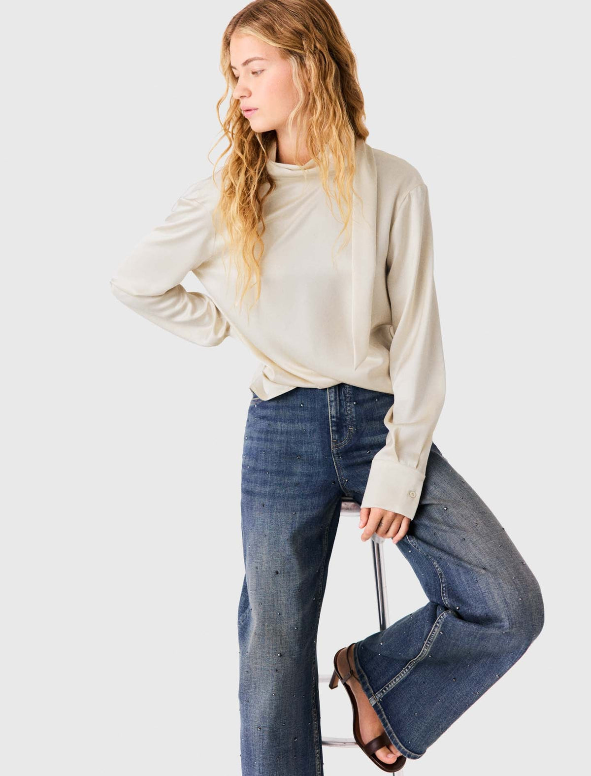 Satin Blouse With Draped Back Ecru