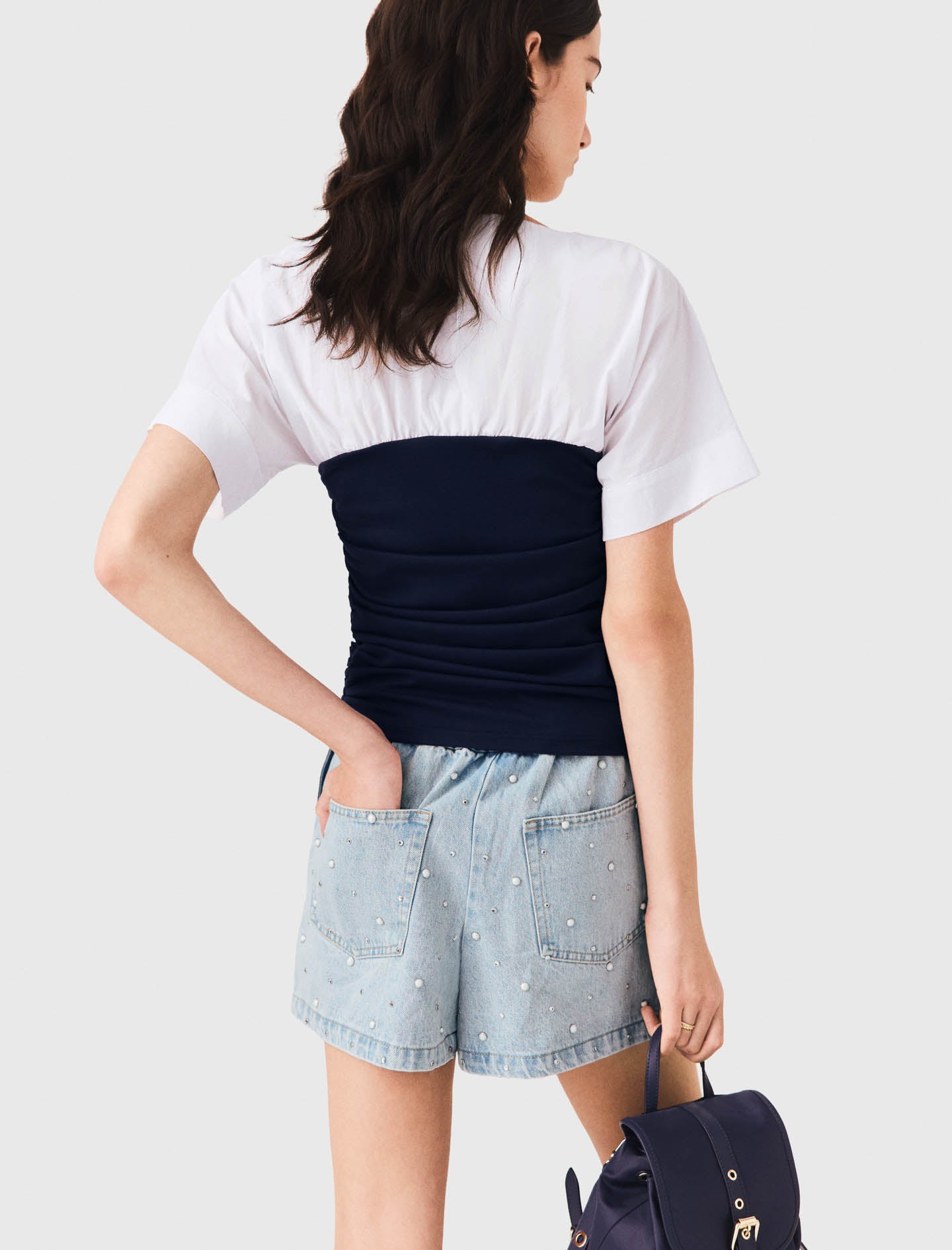 Pleated jersey top White/Navy