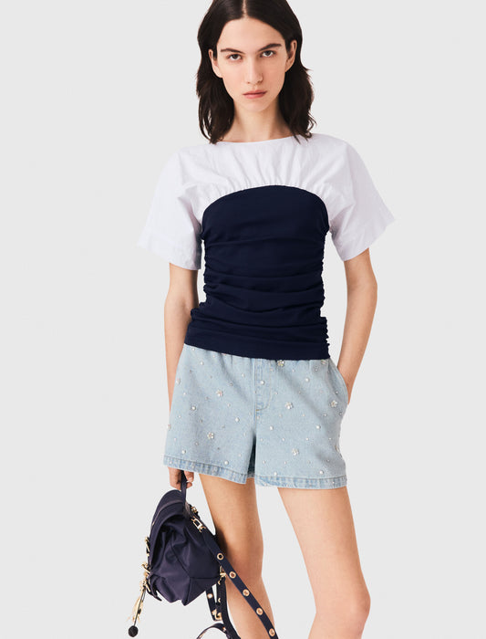Pleated jersey top White/Navy
