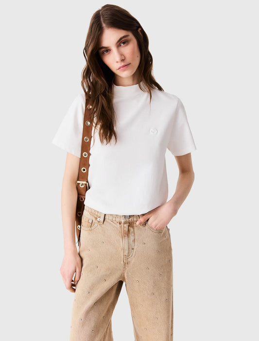 Crew neck T-shirt with back zip White