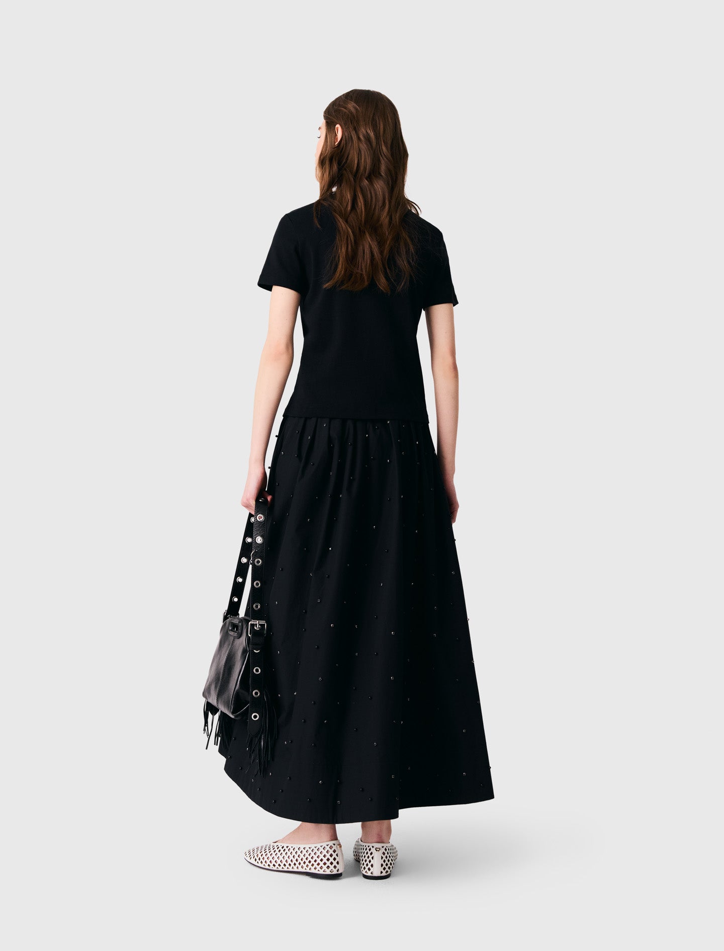 Detachable beaded collar T-shirt Black