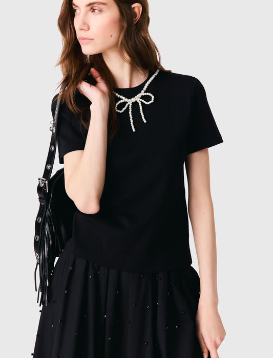 Detachable beaded collar T-shirt Black
