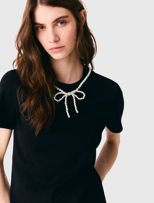 Detachable beaded collar T-shirt Black