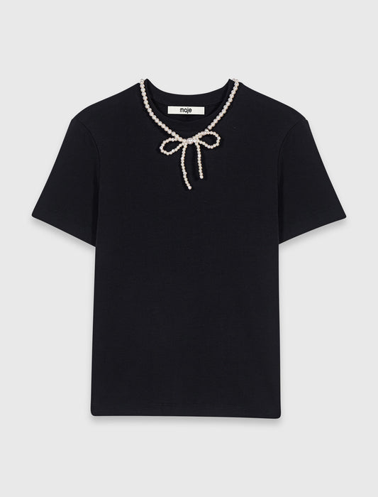 Detachable beaded collar T-shirt Black