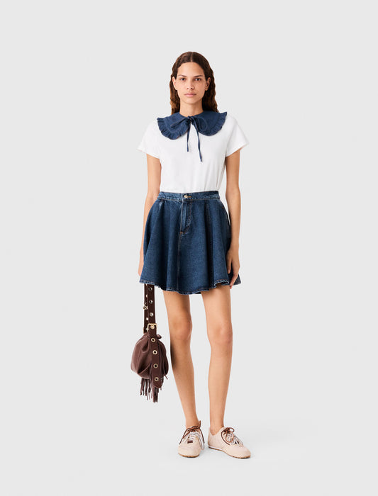 T-shirt with denim collar White