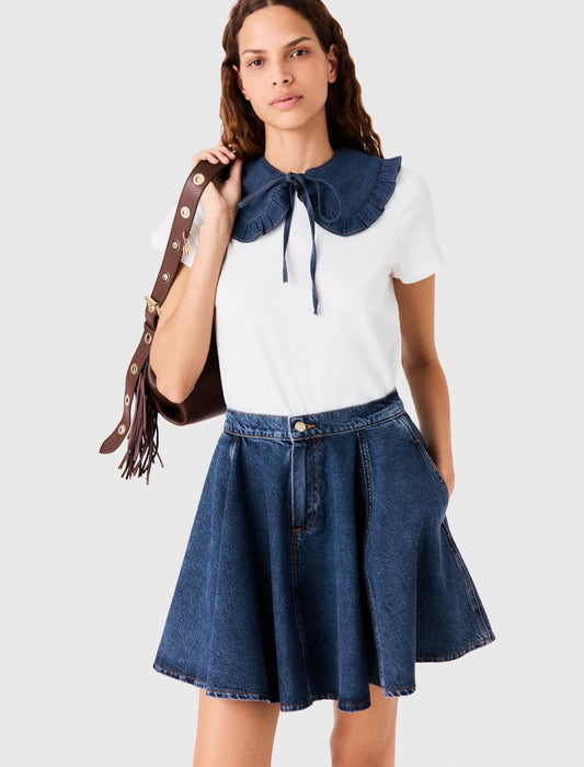 T-shirt with denim collar White
