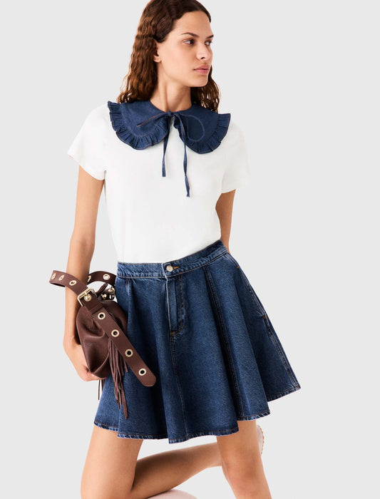 T-shirt with denim collar White