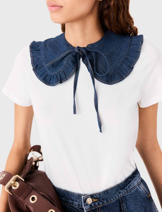 T-shirt with denim collar White