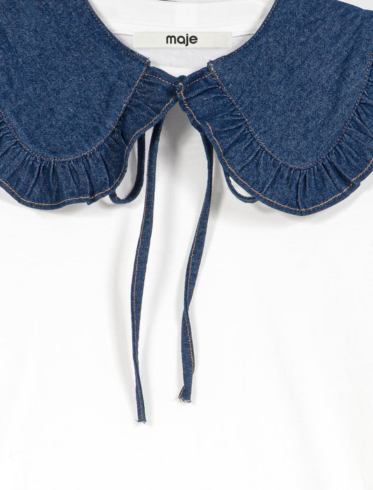 T-shirt with denim collar White