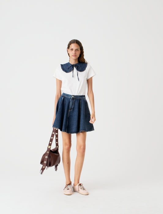 T-shirt with denim collar White