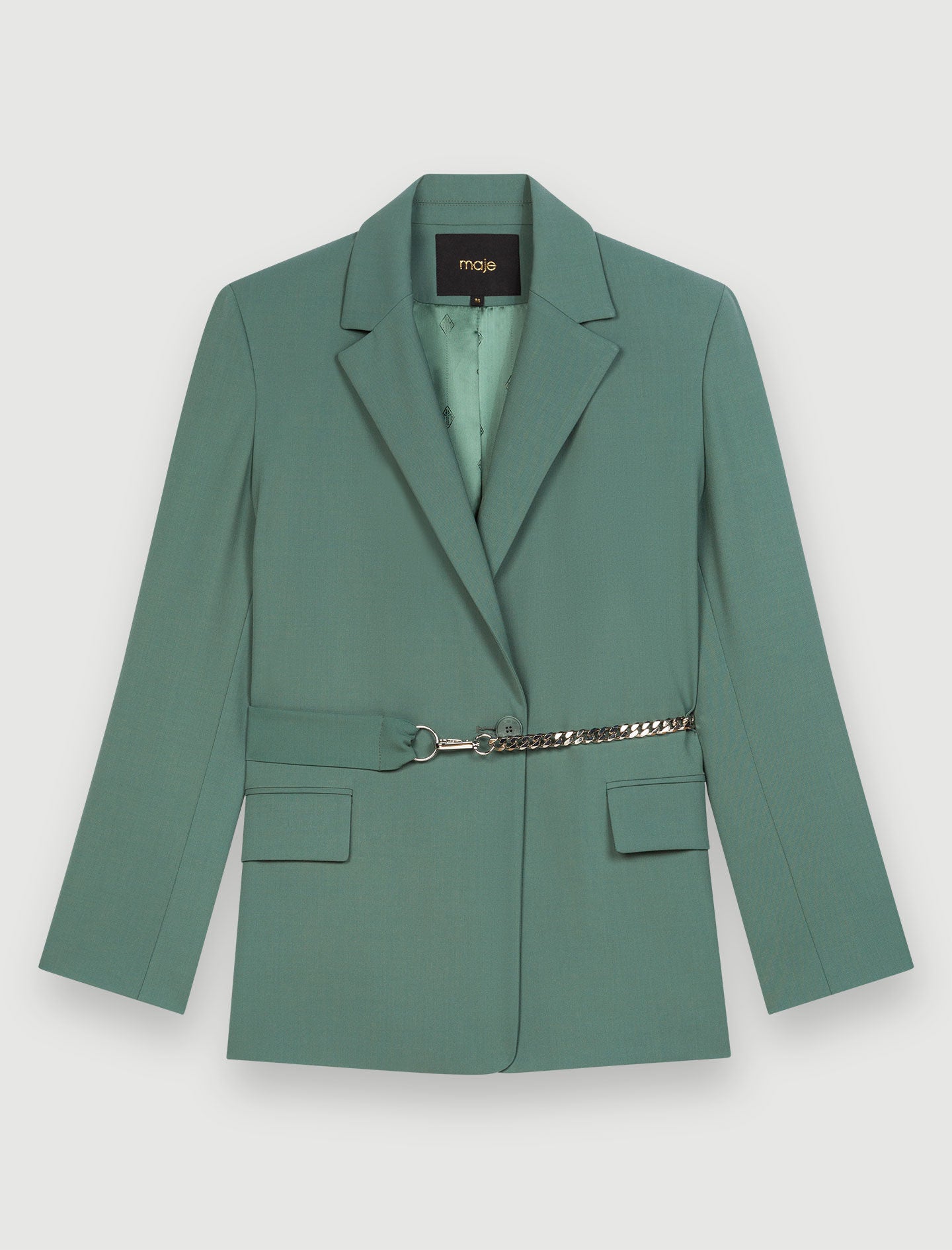 Green-tailored jacket with chain belt