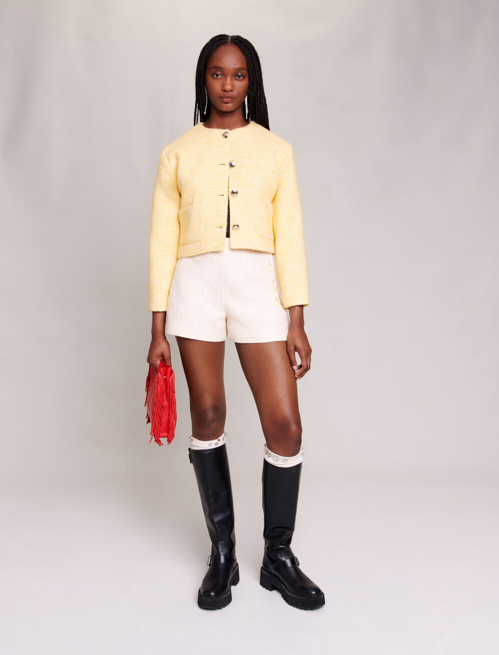 Pale Yellow featured Short jacket in tweed