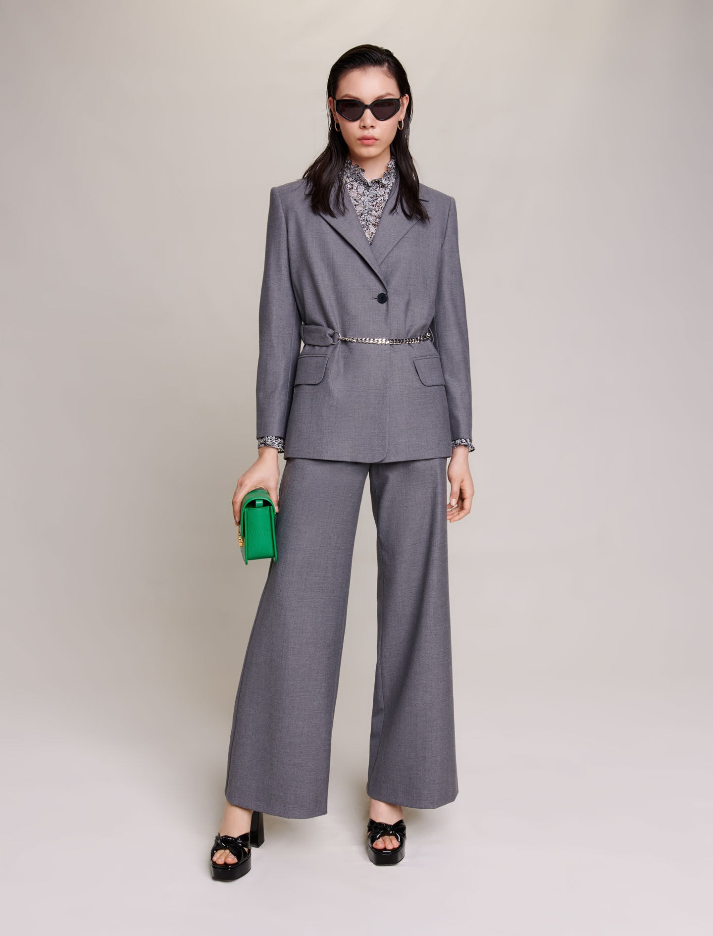 Grey-featured-suit jacket with chain belt