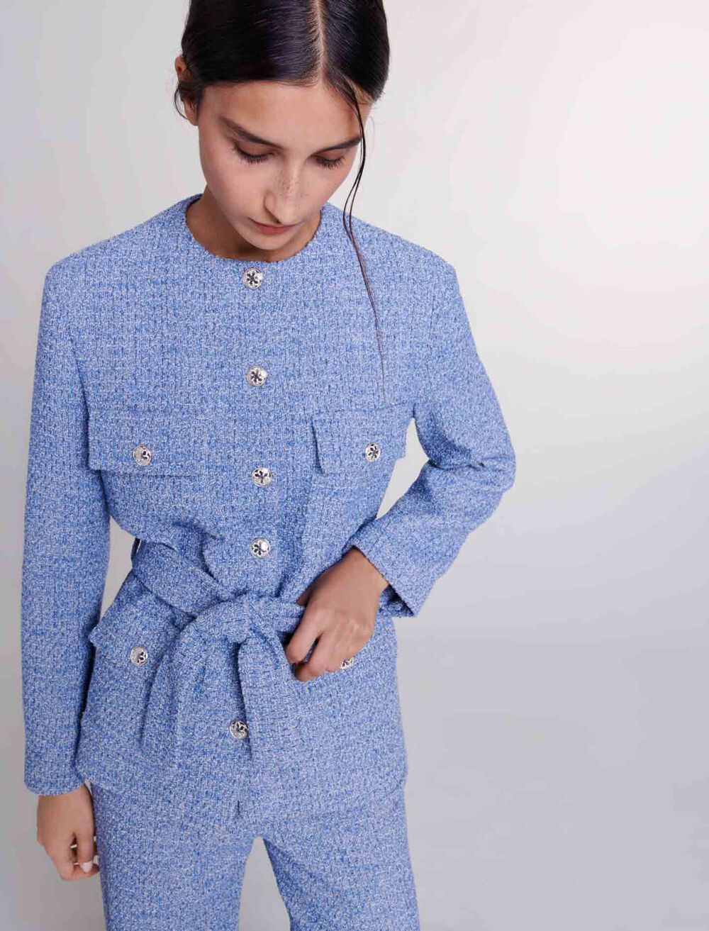 Blue-featured-Belted Tweed Jacket