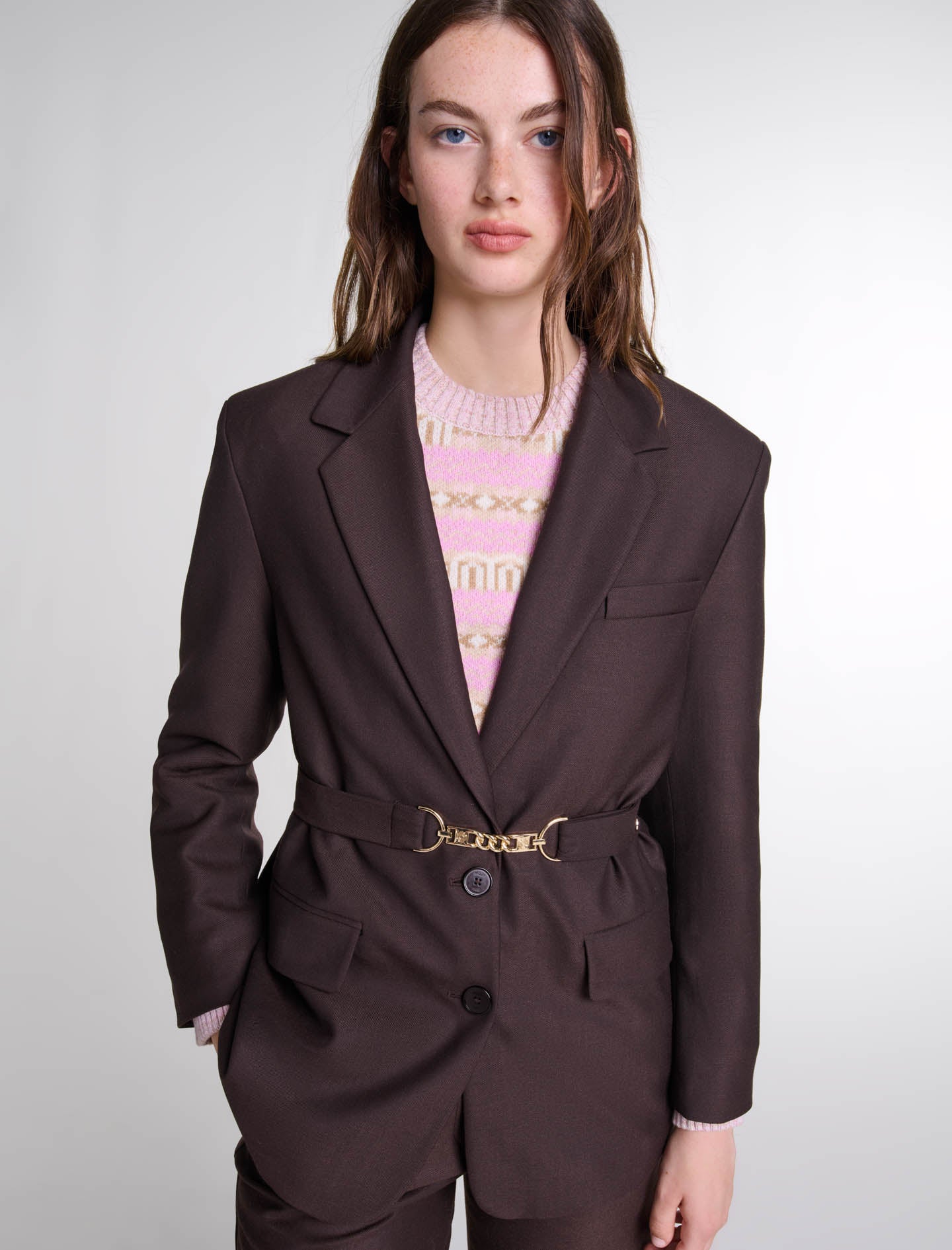 Brown   Belted suit jacket