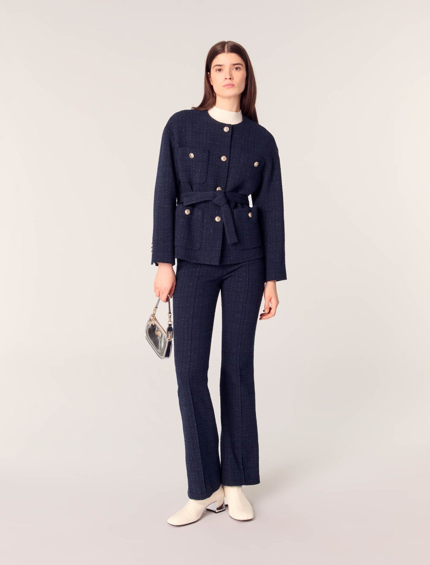 Navy-featured-4-pocket tweed jacket 