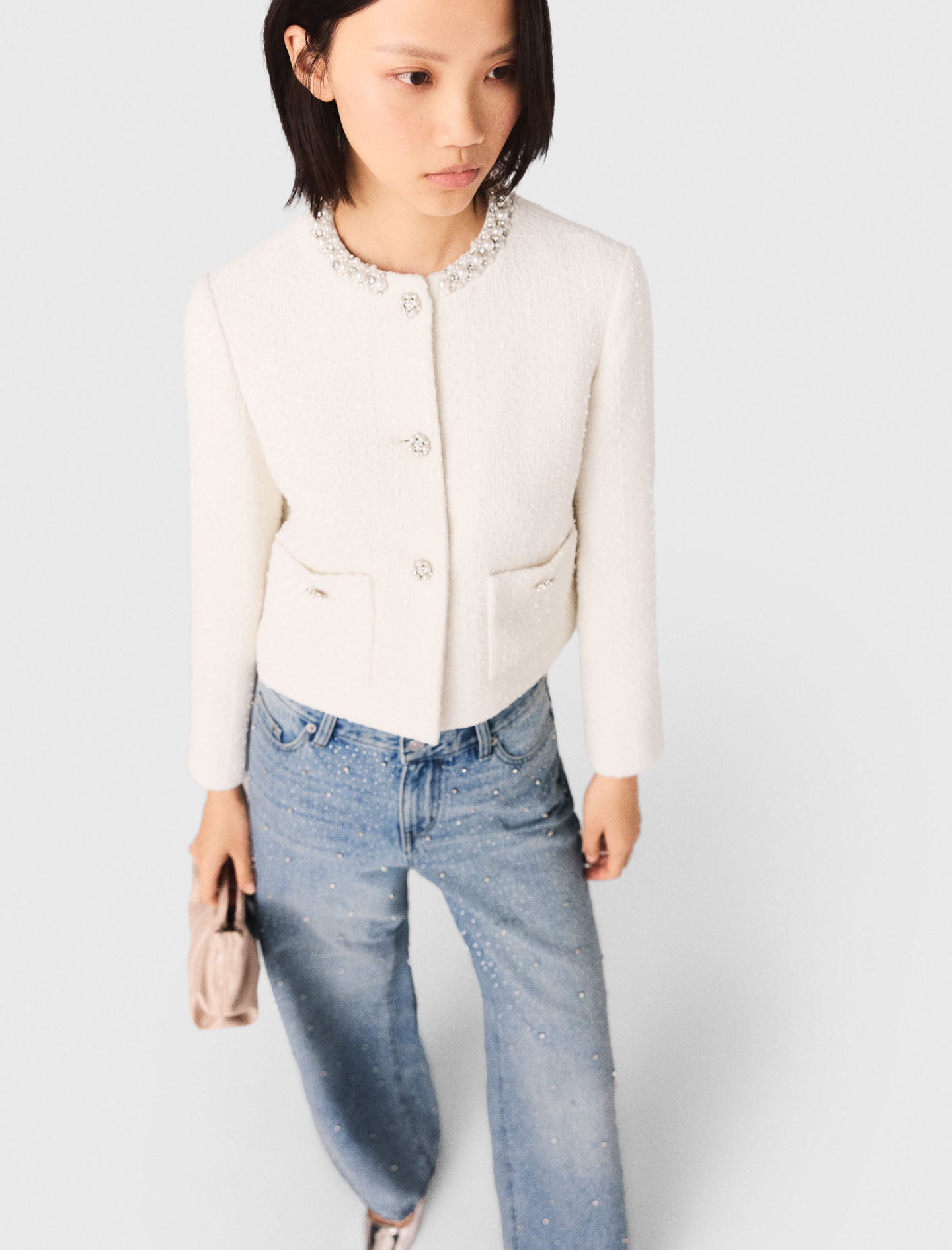 Pearl-Trimmed Tweed Jacket ECRU