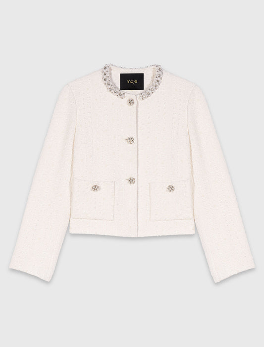 Pearl-Trimmed Tweed Jacket Ecru