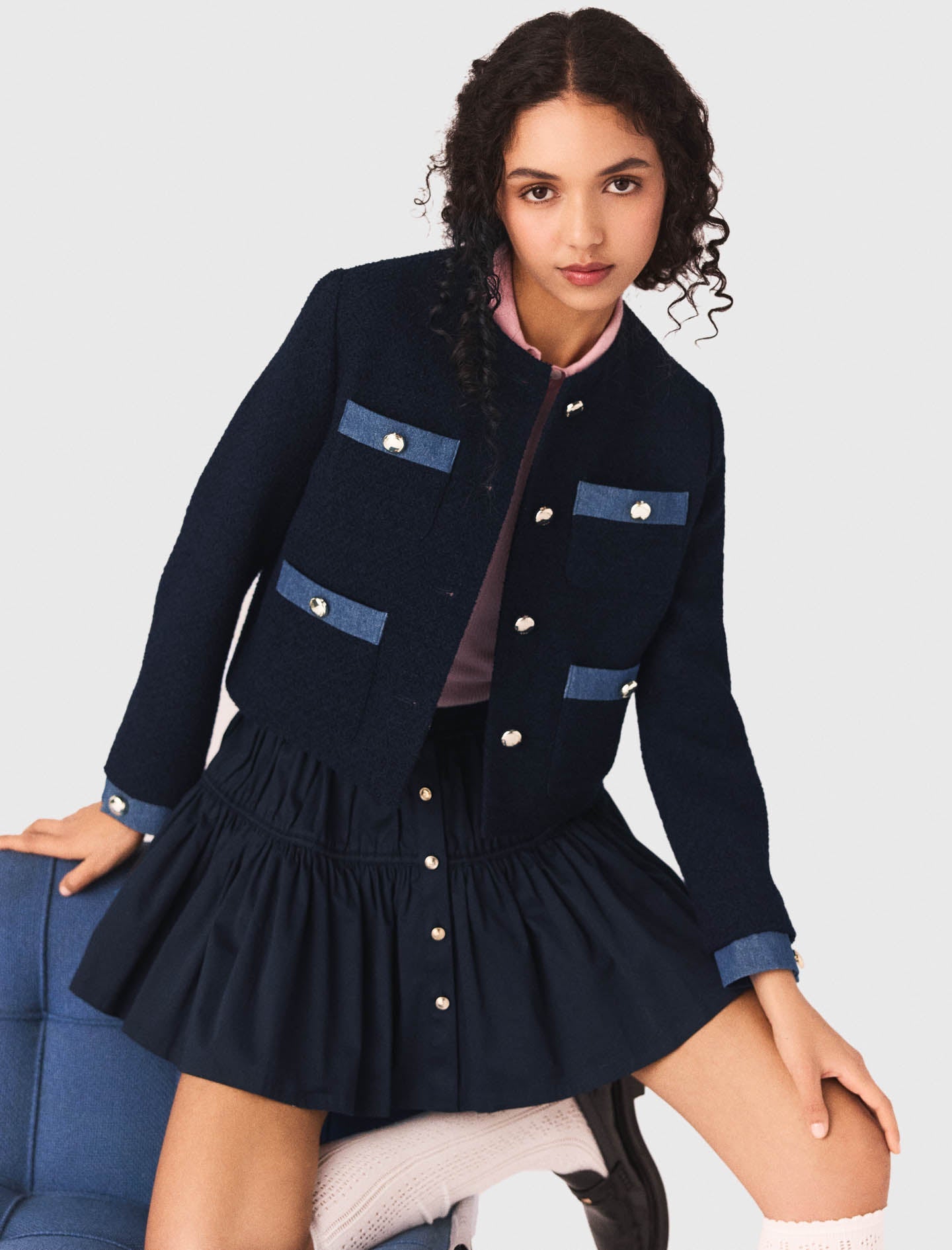 Tweed Jacket With Denim Trim NAVY