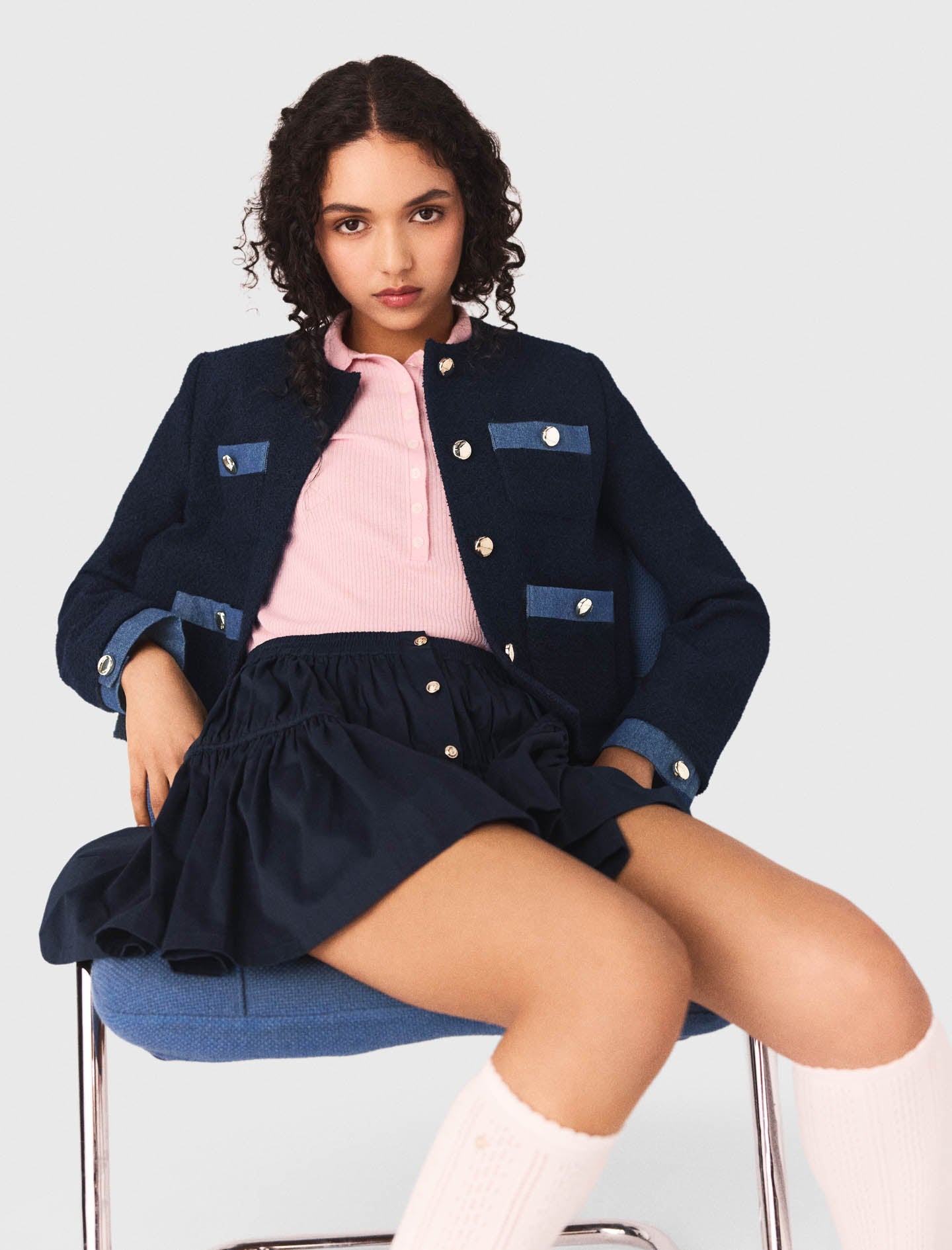 Tweed Jacket With Denim Trim NAVY