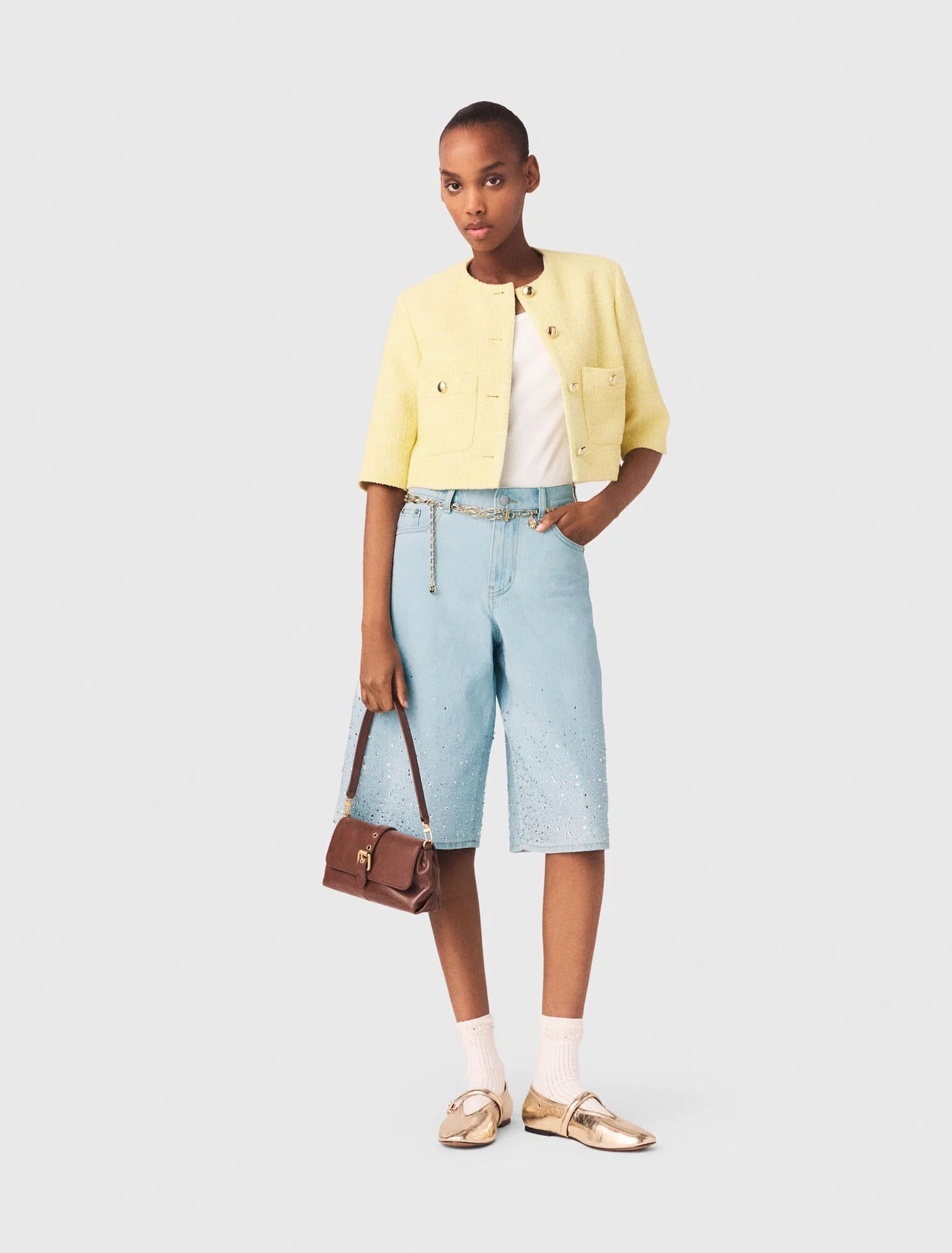 Short-Sleeved Tweed Jacket Pale Yellow