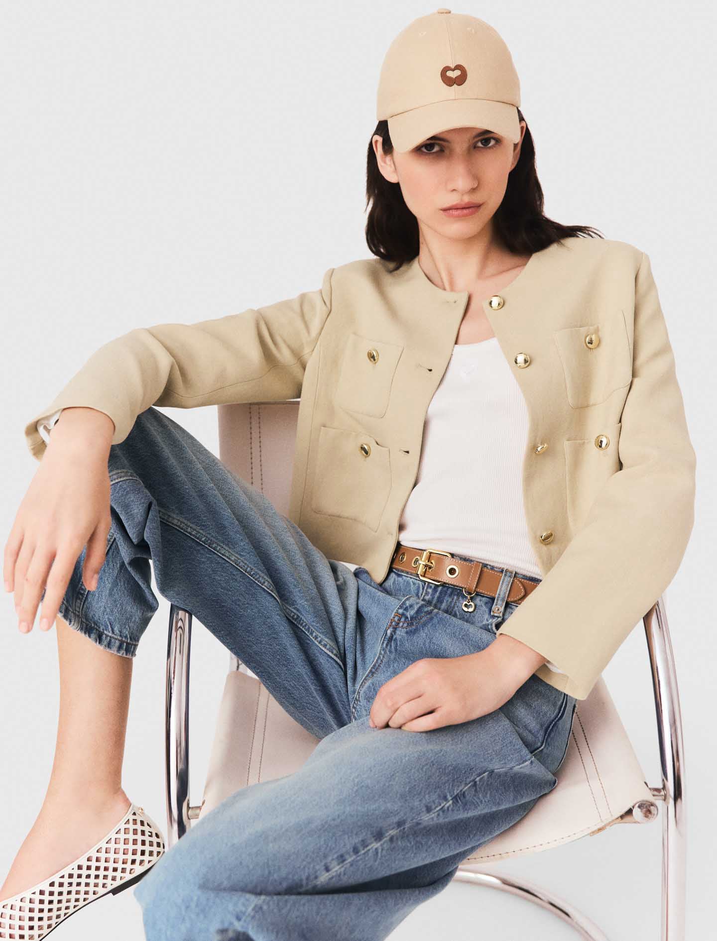 Short linen blend jacket Beige