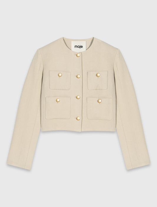 Short linen blend jacket Beige