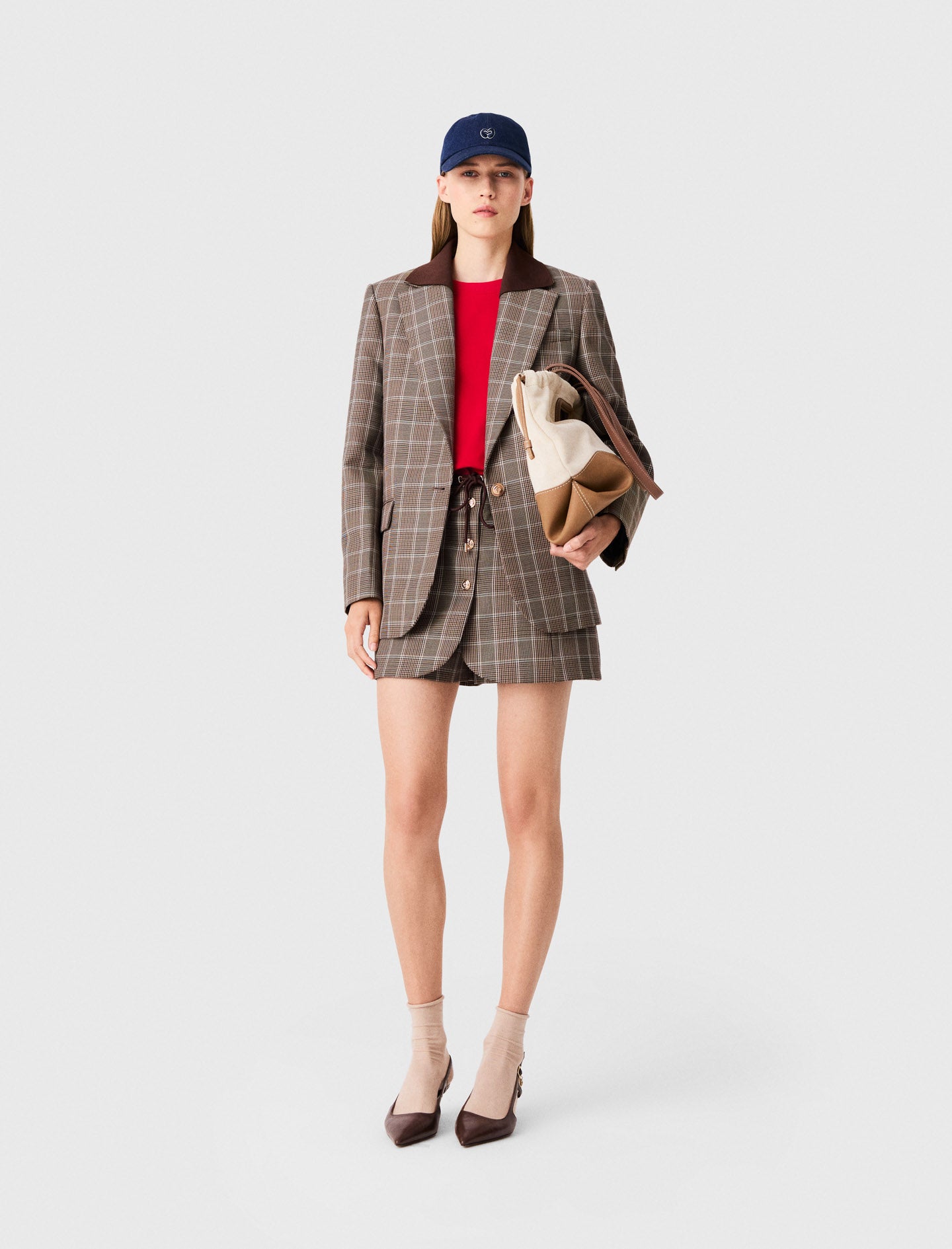 Check jacket with removable collar Brown