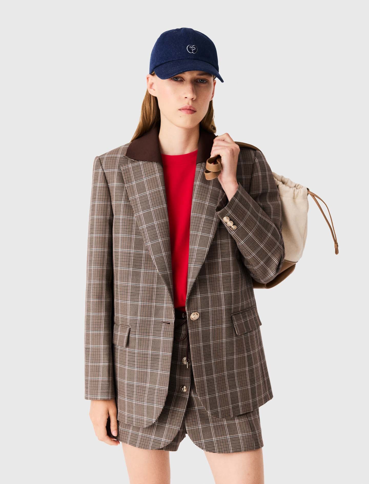 Check jacket with removable collar Brown