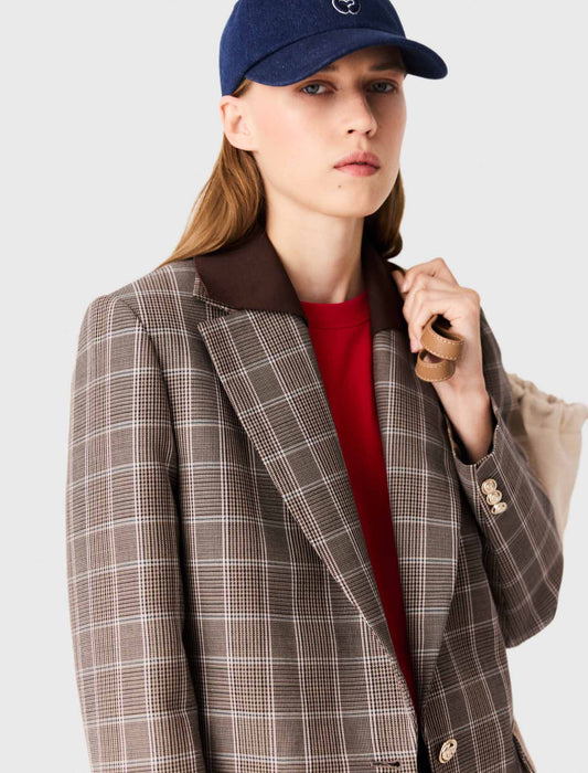 Check jacket with removable collar Brown
