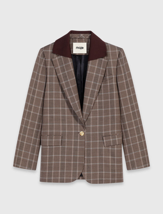 Check jacket with removable collar Brown