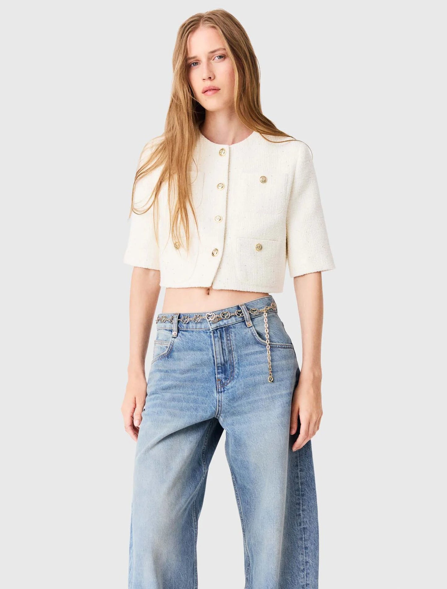 Short-sleeved tweed jacket Ecru