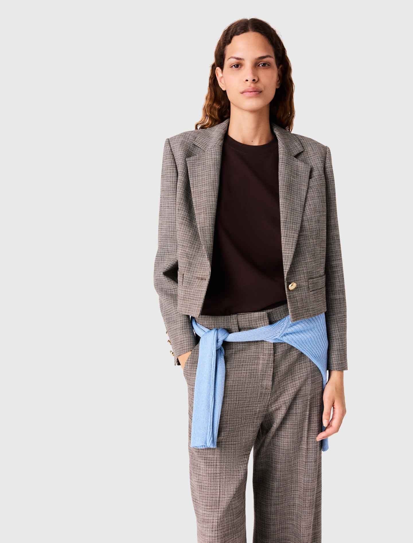 Short Checked Suit Jacket Brown