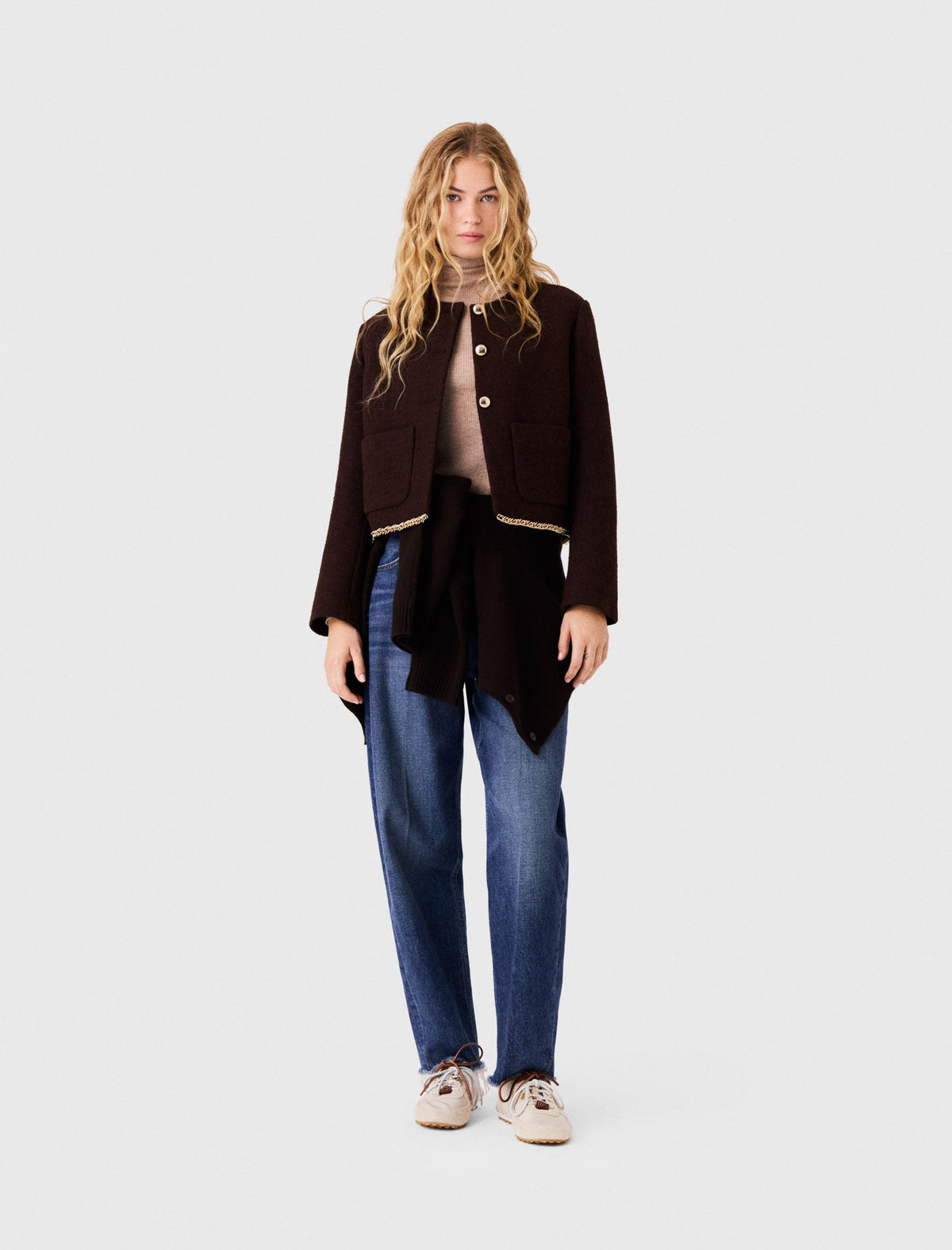 Tweed Jacket With Chain Trim Dark Brown