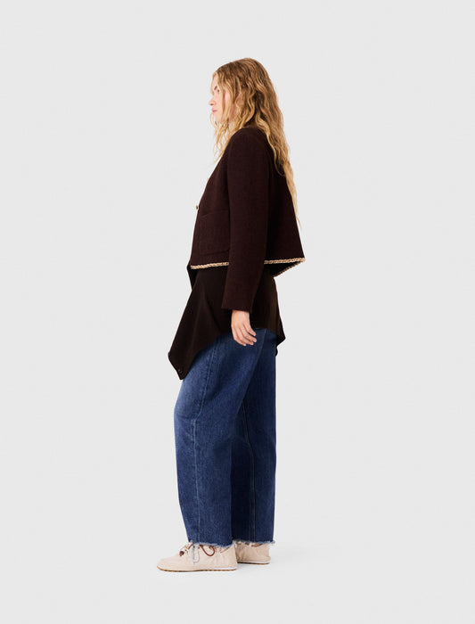 Tweed Jacket With Chain Trim Dark Brown