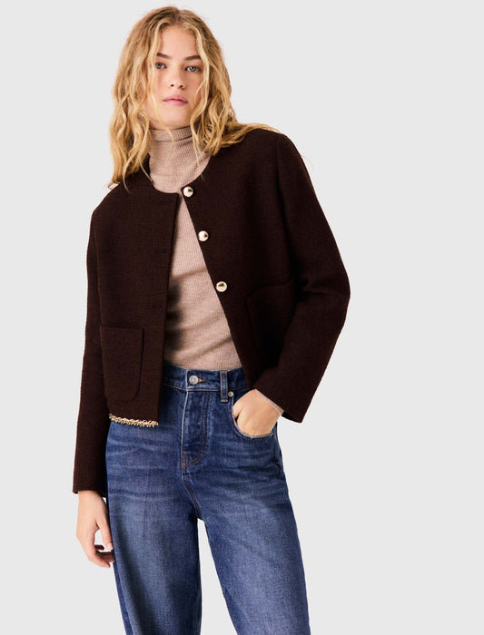 Tweed Jacket With Chain Trim Dark Brown