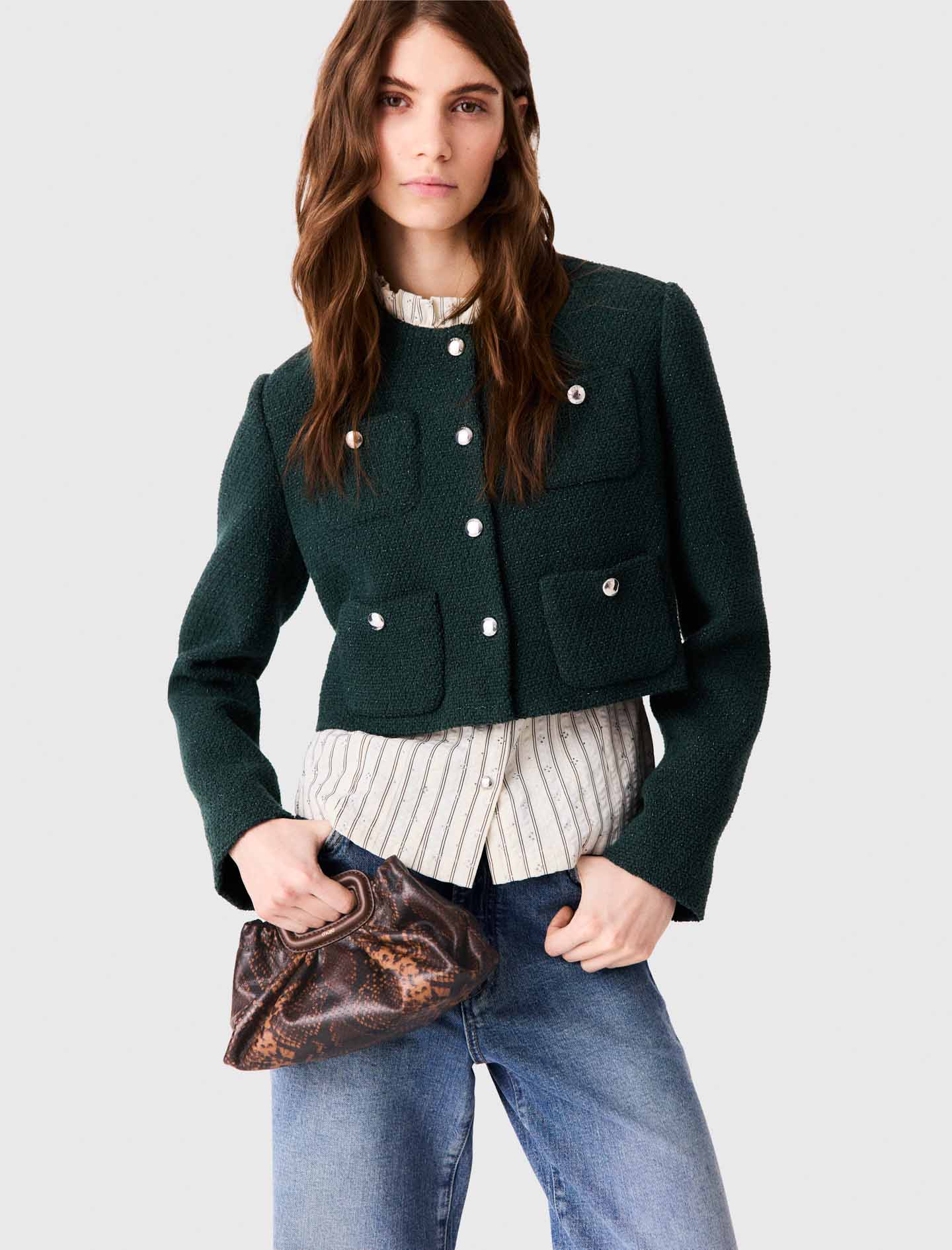 Tweed jacket with fringe trim Bottle Green