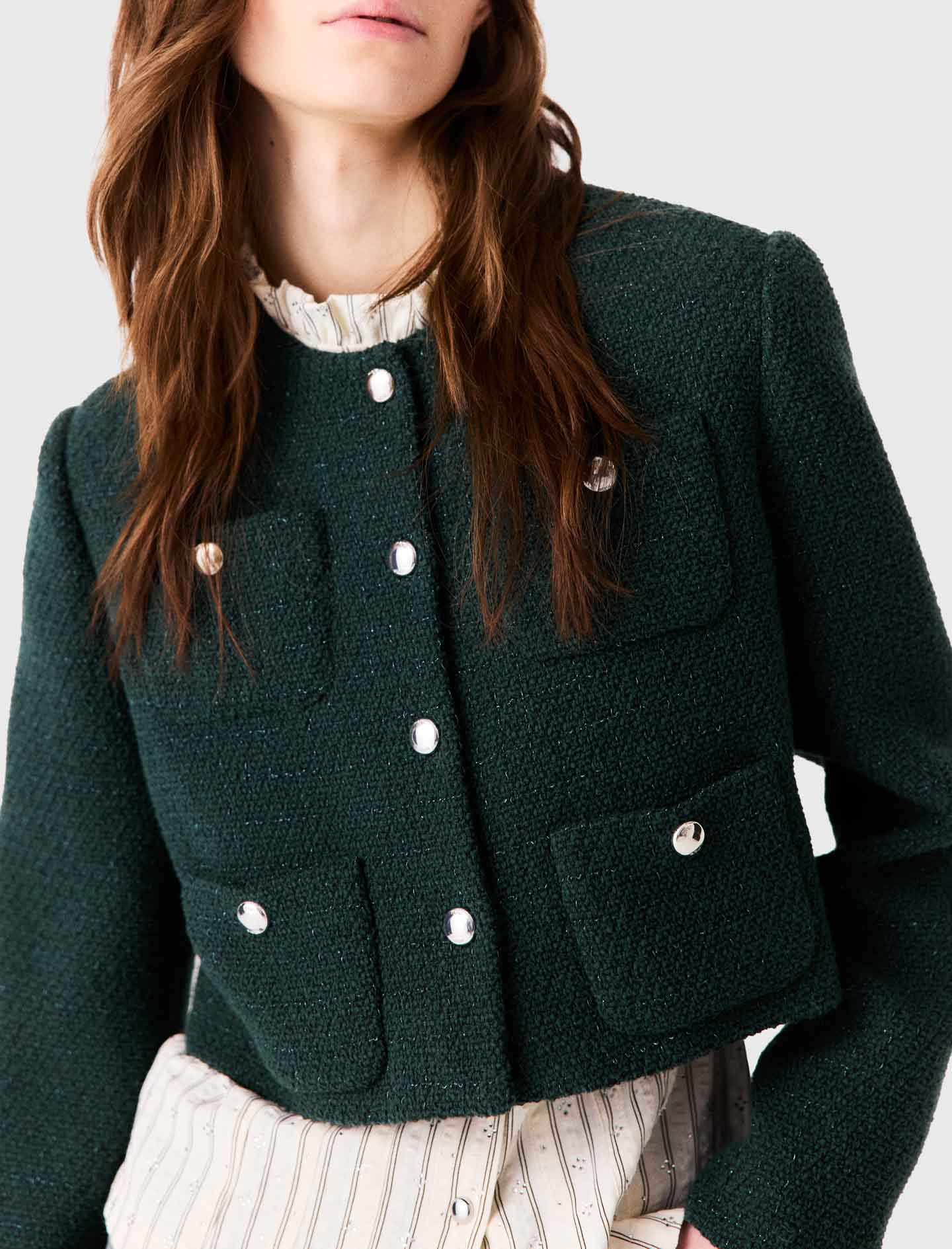 Tweed jacket with fringe trim Bottle Green
